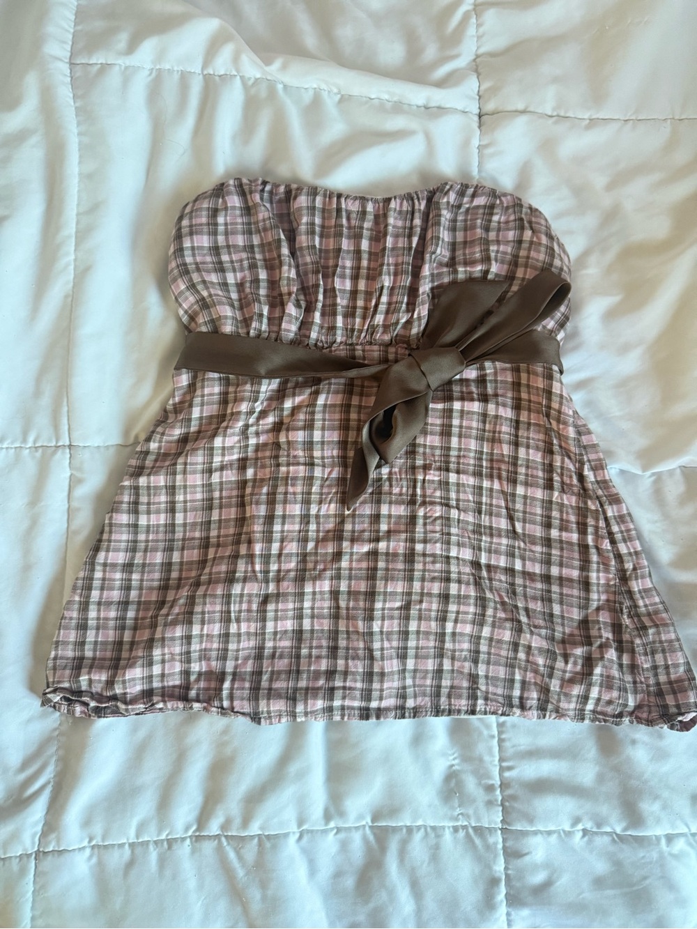 Girls Strapless Pink Plaid Dress with Brown Waist Tie